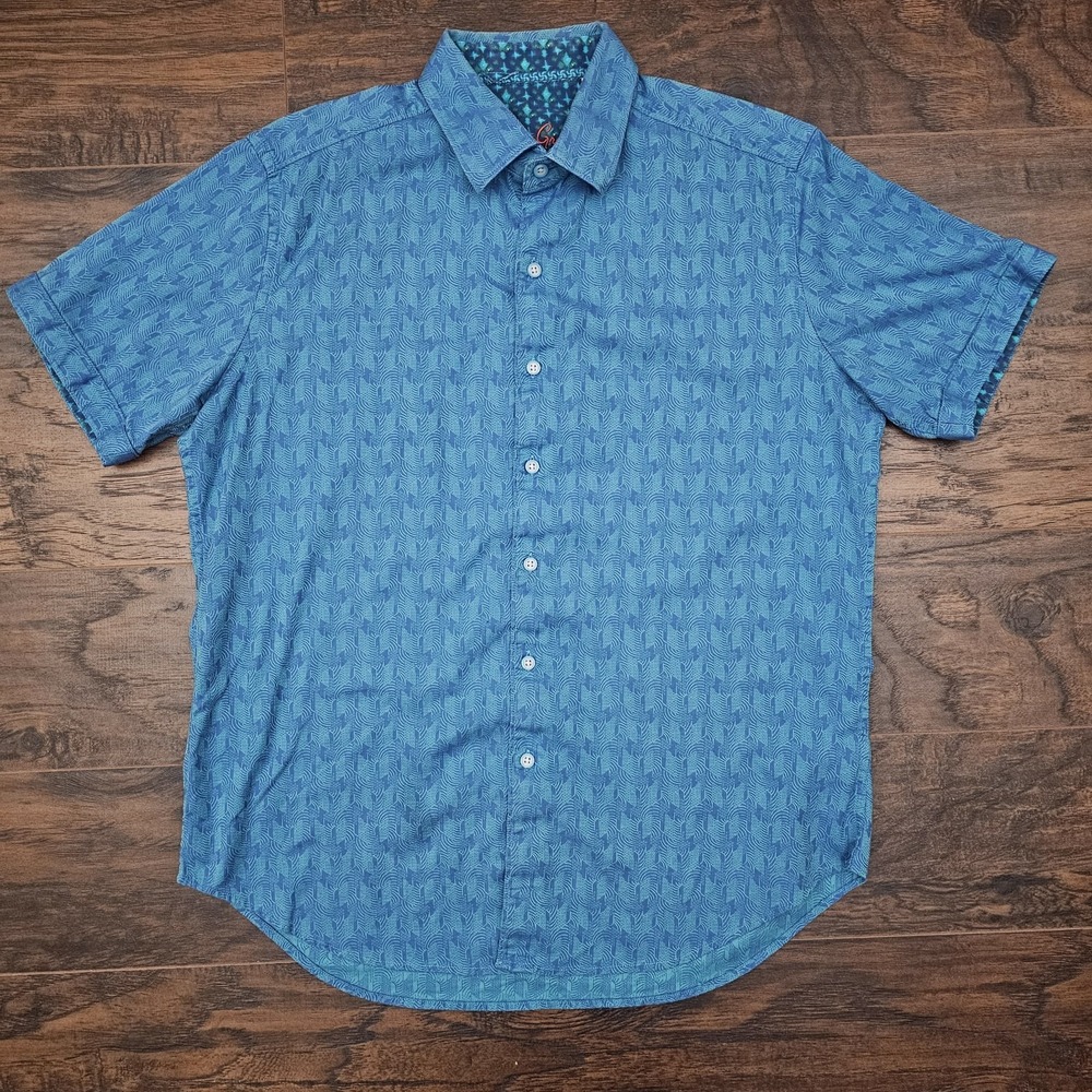 Robert Graham Mens Medium Blue Geometric Print Short Sleeve Button Up Classic